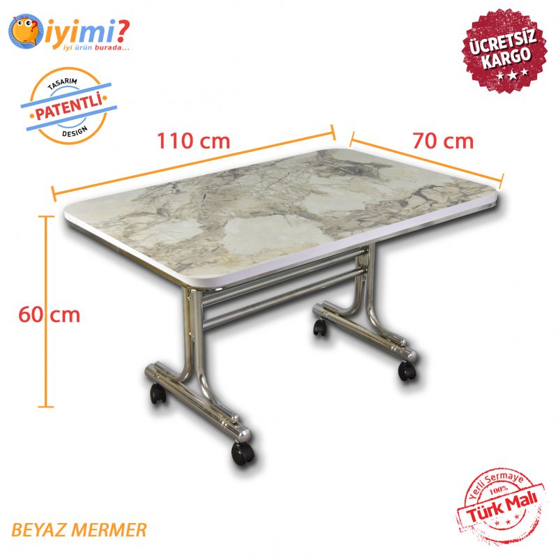 Mermer Desen Tekerlekli Orta Sehpa Nikelaj Ayaklı Masa BEYAZ MERMER